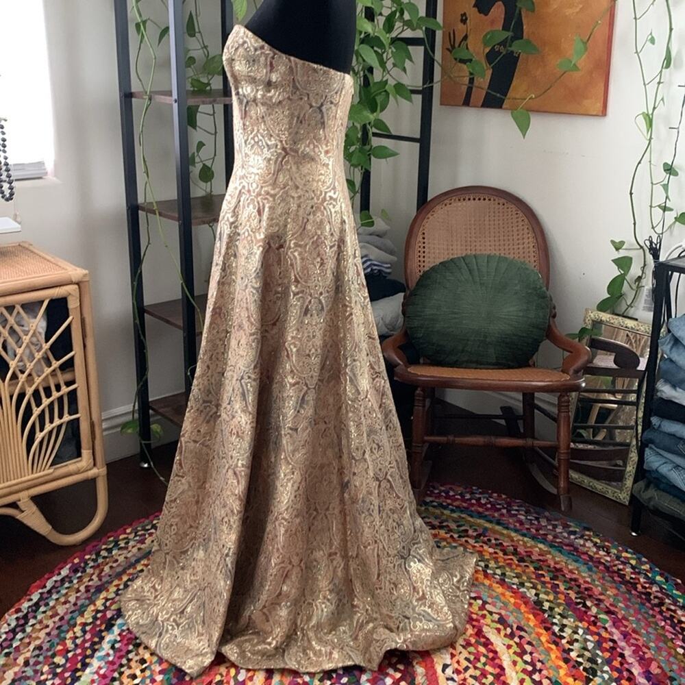 Vintage Victor Costa for Neiman Marcus Gold Damask Strapless Maxi Gown Dress - Picture 2 of 7